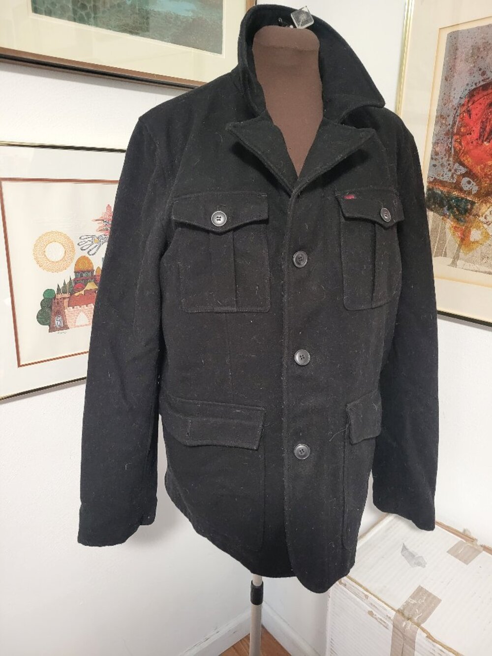 Men's Black Peacoat by Levi's Wool Blend Size M
